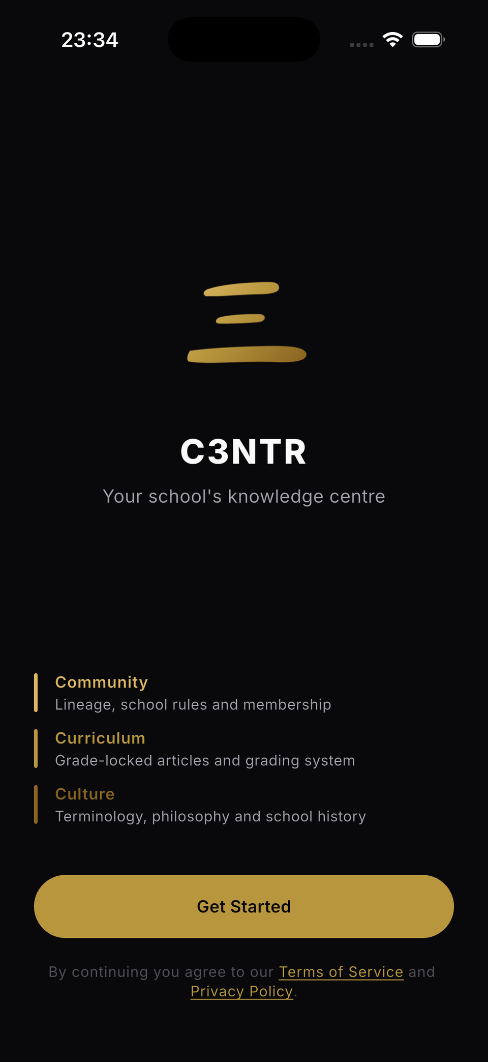 The C3NTR app welcome screen: your school's knowledge centre